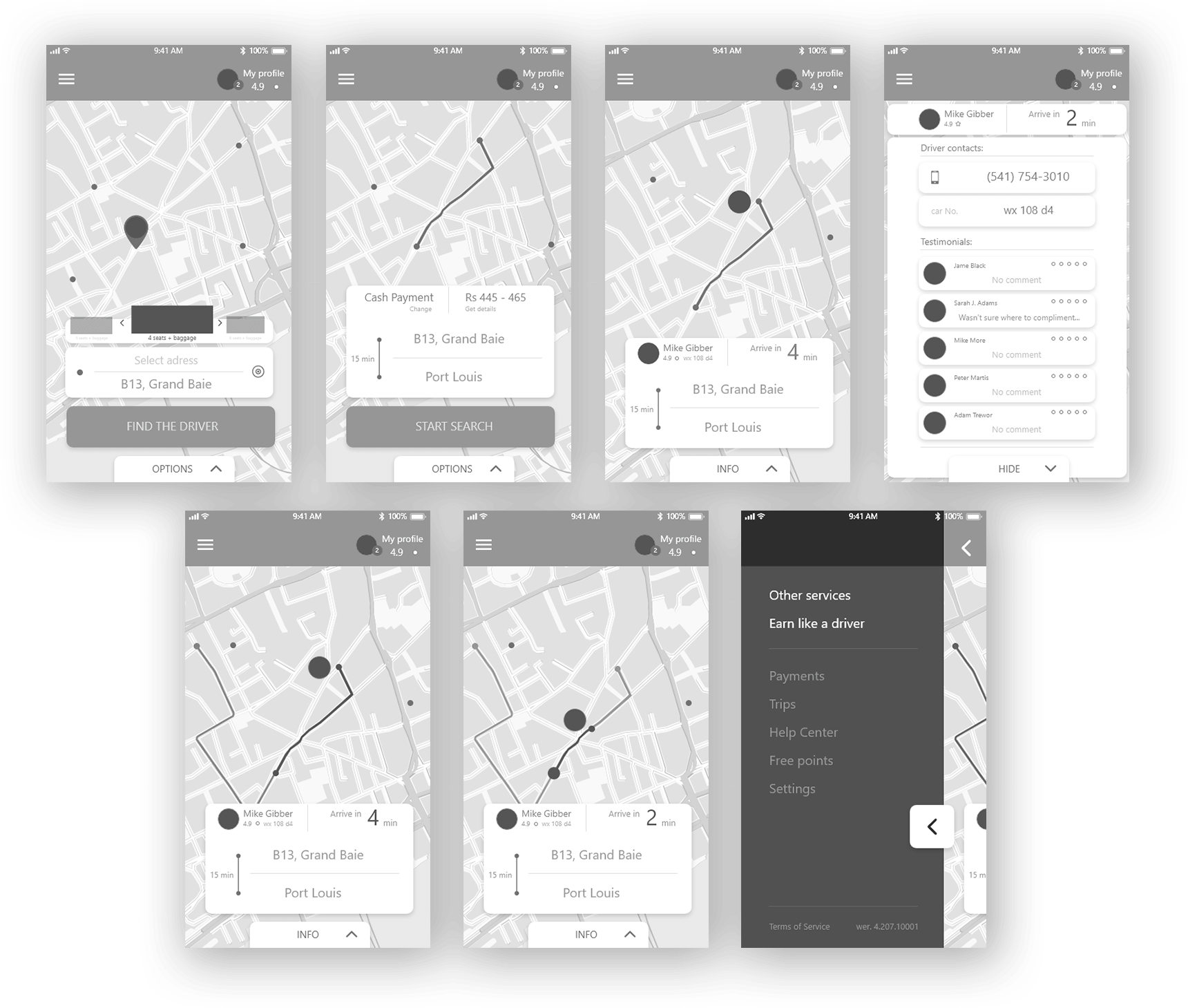 Wireframe projektu graficznego aplikacji mobilnejtaxi uber