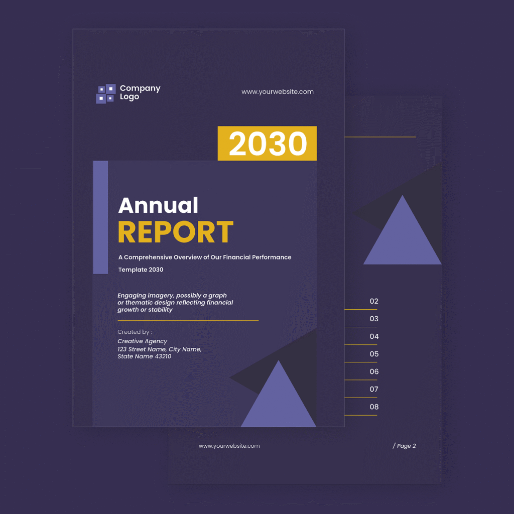 Okładka raportu rocznego „Annual Report 2030” na granatowym tle z żółtym wyróżnieniem i trójkątami