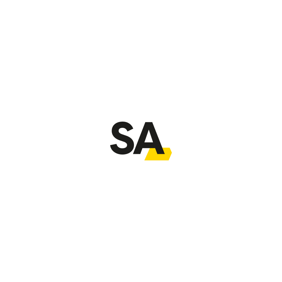 Nowe logo Startup Academy (media społecznościowe): czarne logo „Startup Academy” z żółtą kreską na białym tle przygotowane w proporcjach kwadratowych.