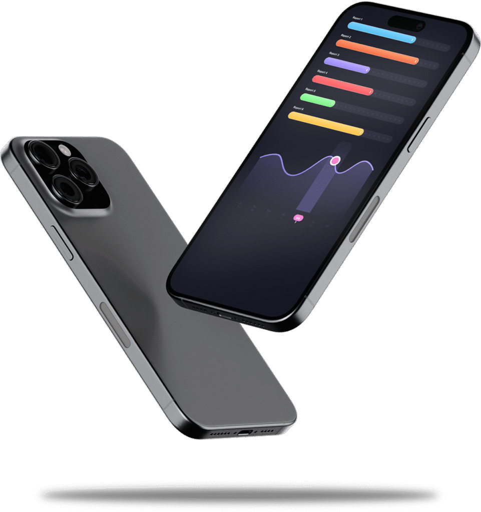 Mobilny mockup: czarny smartfon na ciemnym tle pokazujący interaktywny wykres liniowy i paski