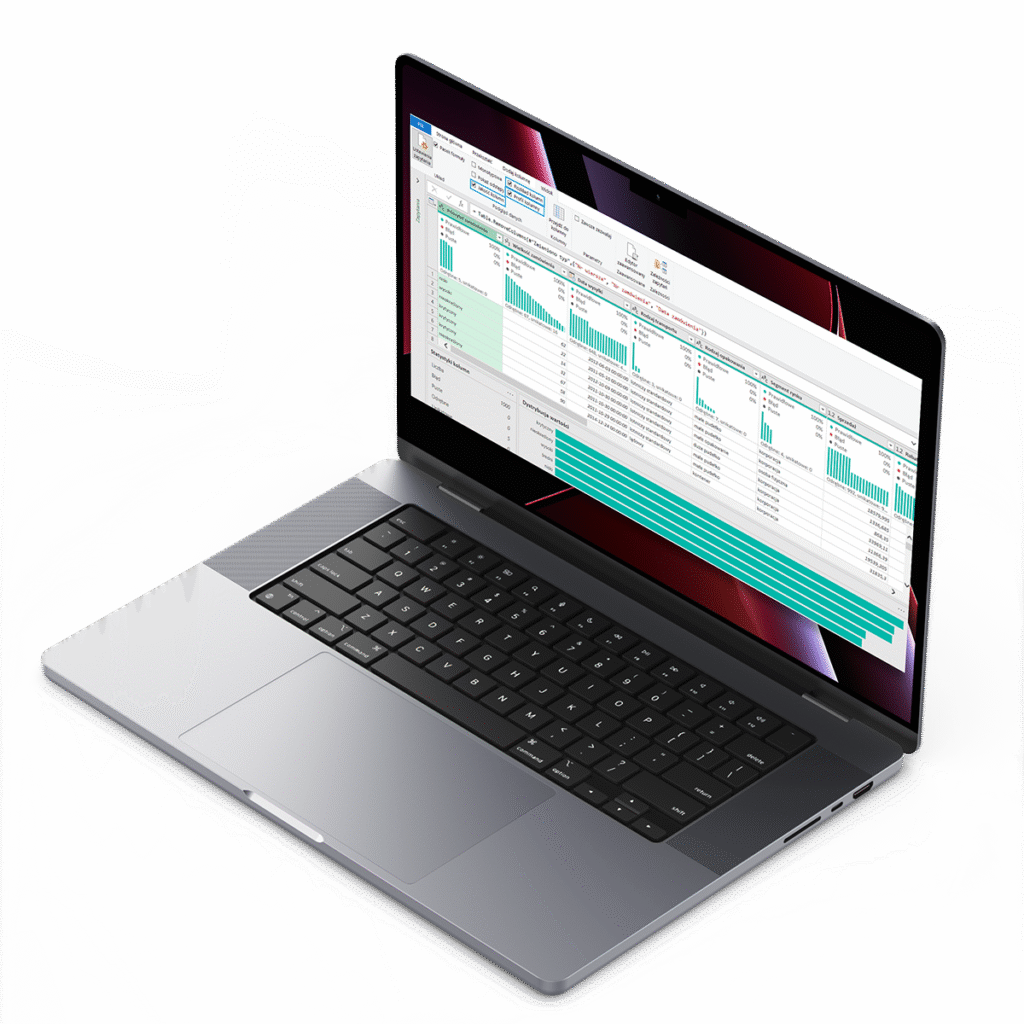 Laptop na ciemnym tle wyświetlający arkusz Excel z zielono-białym formatowaniem komórek
