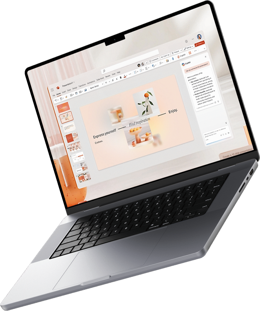 PowerPoint: laptop z otwartym interfejsem PowerPoint i pastelowym szablonem slajdu