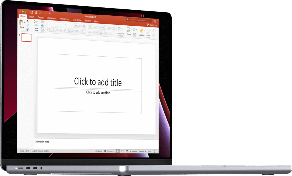 PowerPoint: laptop z widokiem pustego slajdu PowerPoint z polem „Click to add title”