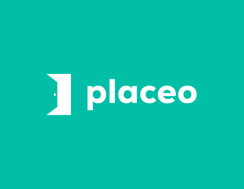 Projekt logo Placeo – główny logotyp na turkusowym tle, identyfikacja wizualna marki