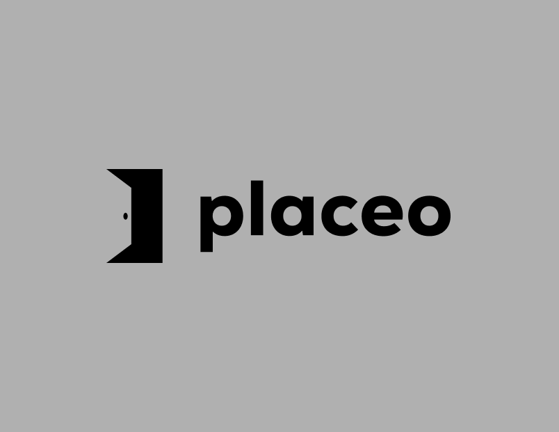 Projekt logo Placeo – czarny logotyp na szarym tle, wersja materiałów firmowych