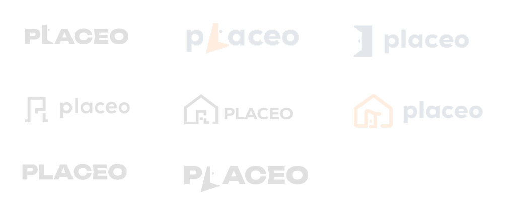 Koncepcyjne szkice i warianty logotypu Placeo – moodboard symboli i pomysłów