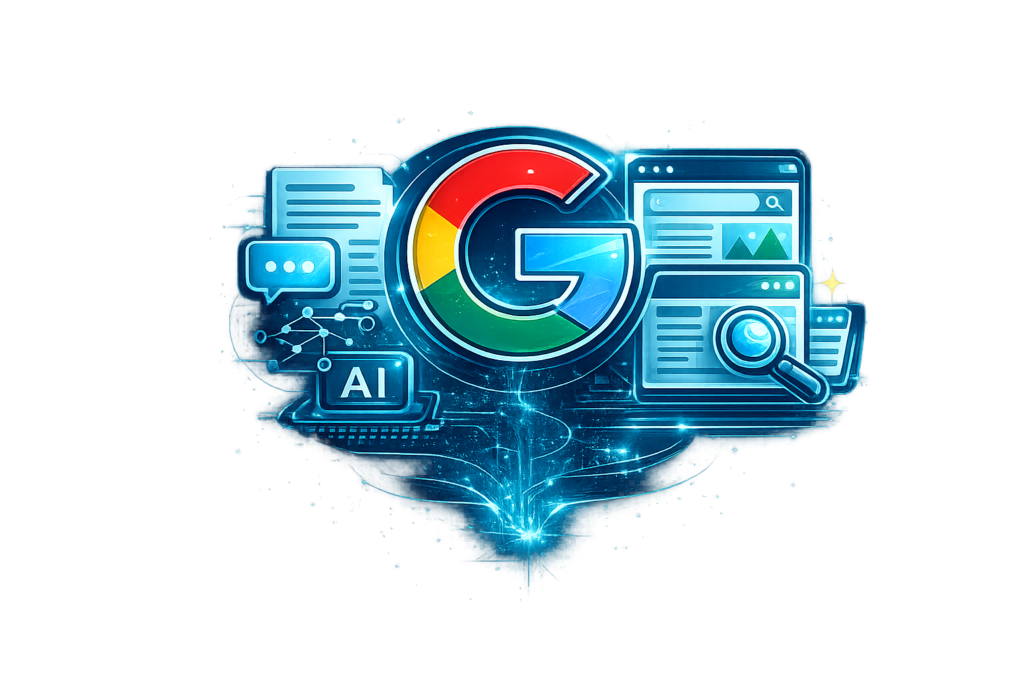 Schemat działania Google AI Mode łączącego tekst, obraz i kontekst strony
